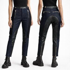 RAG & BONE ASH CROP JEANS leather detail blue black 2 moto biker denim indigo